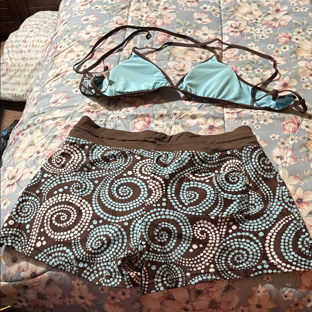 Athleta Brown Swim Bikini Top & Boardshorts with Aqua Dot Swirl - Picture 2 of 2